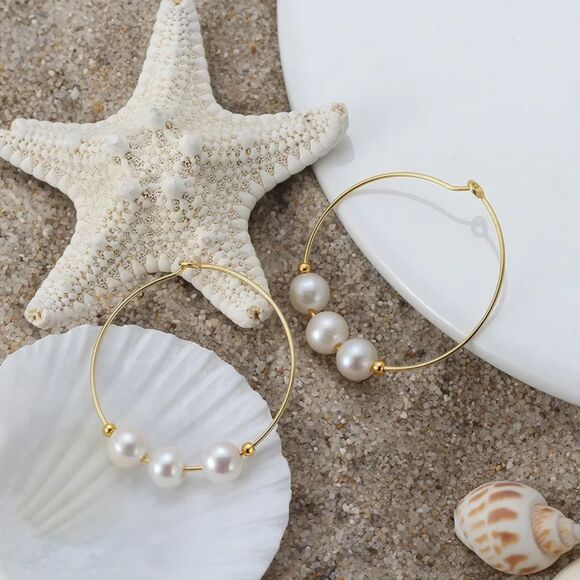 Pearl Hoop Earrings Gold Plated White Pearl Hoops Sterling Silver Jewelry Gift - Picture 2 of 5